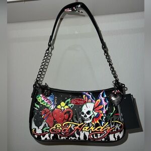 Ed Hardy Black and Multicolor Skull Shoulder Bag